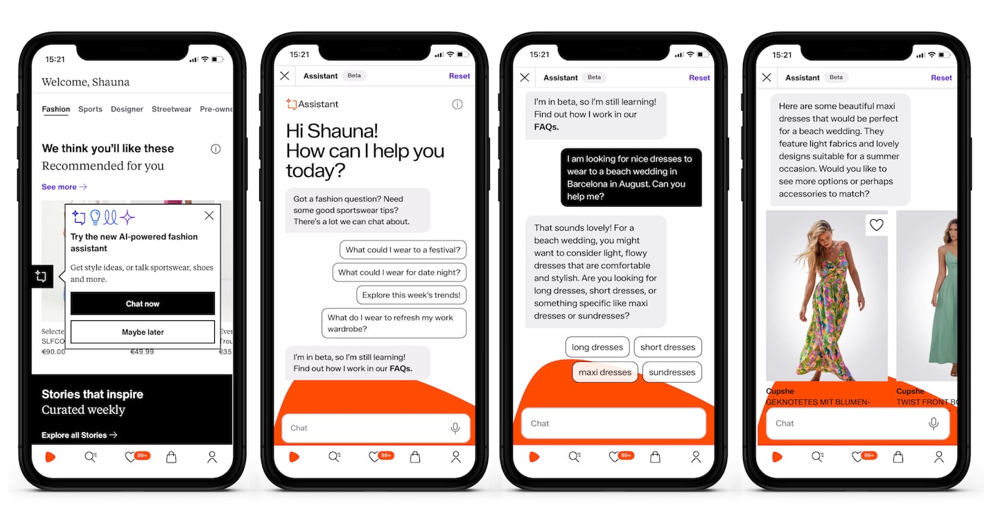 A content display on four different phones showing interactions between a human and the Zalando gen AI virtual assistant.
