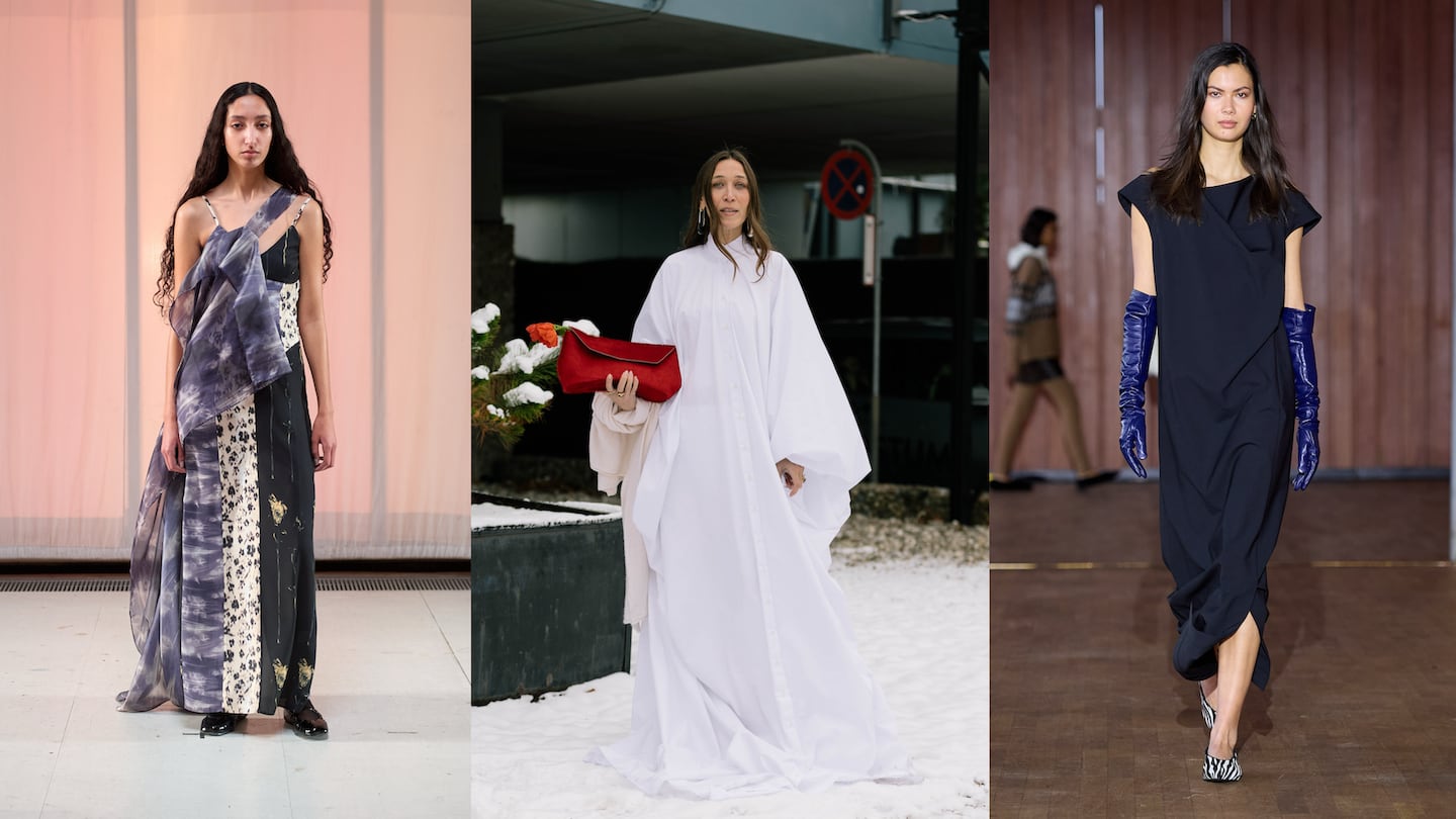 A triptych of models on the runway and in snow