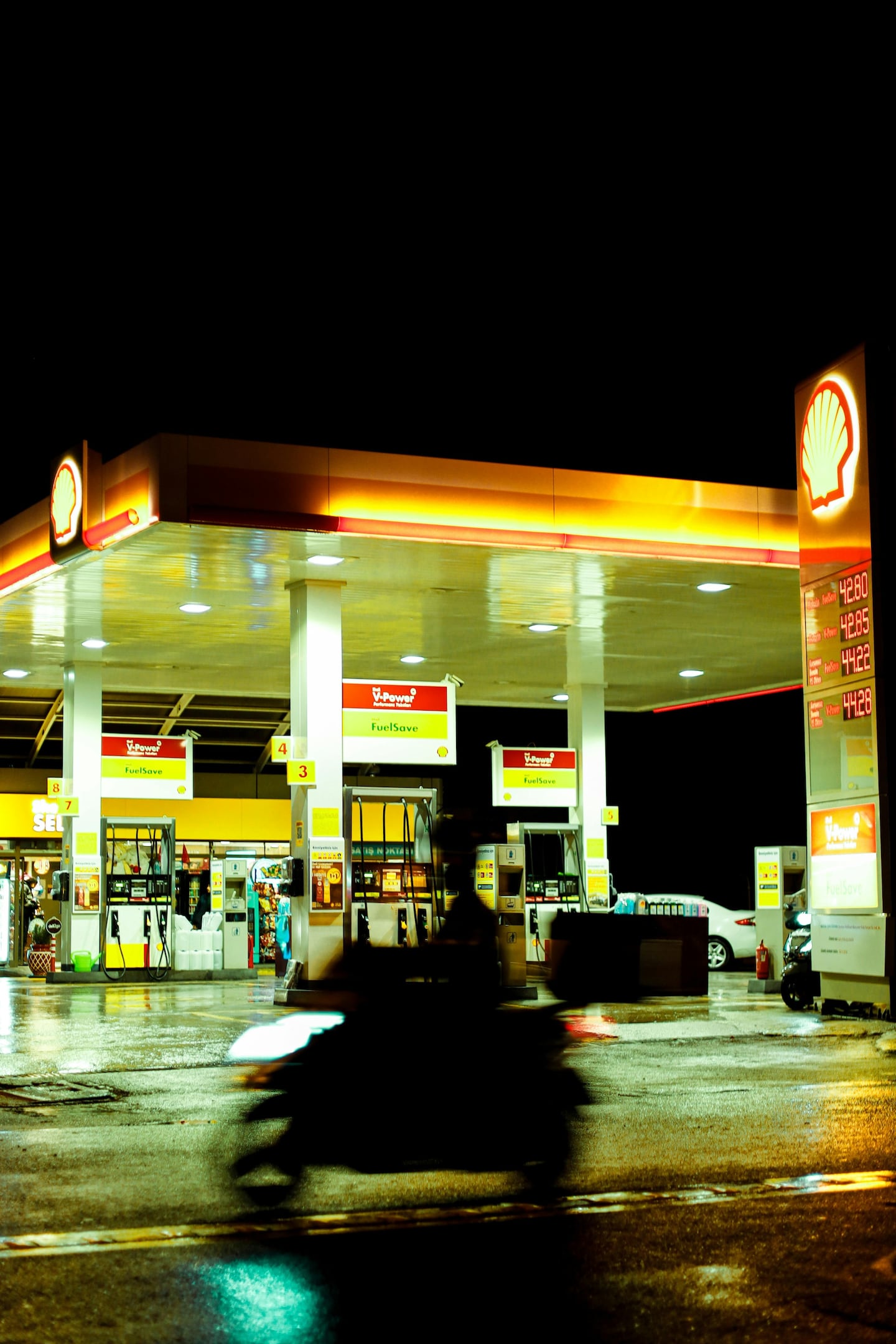 Shell gas station at night